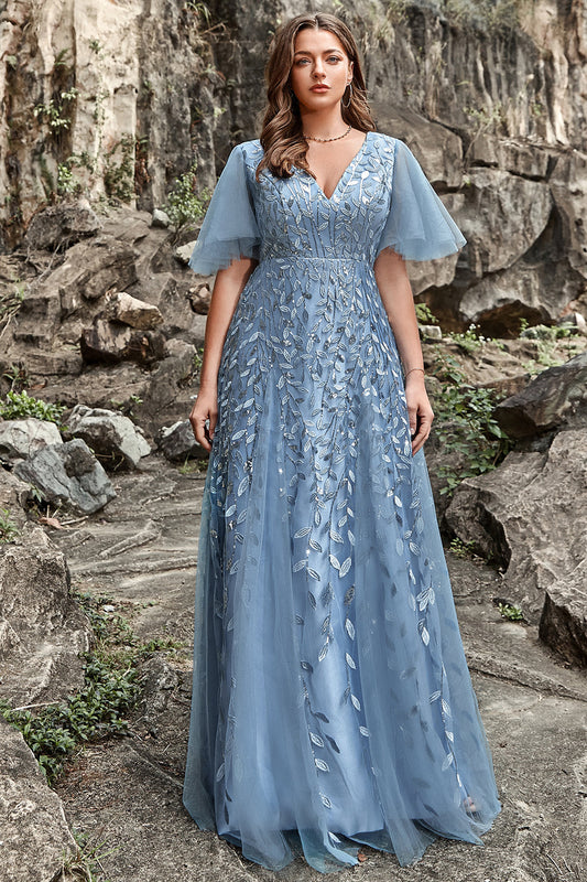 Robe de bal grande taille ligne A en V bleu gris avec appliques