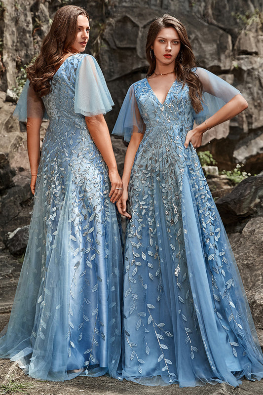 Robe de bal grande taille ligne A en V bleu gris avec appliques