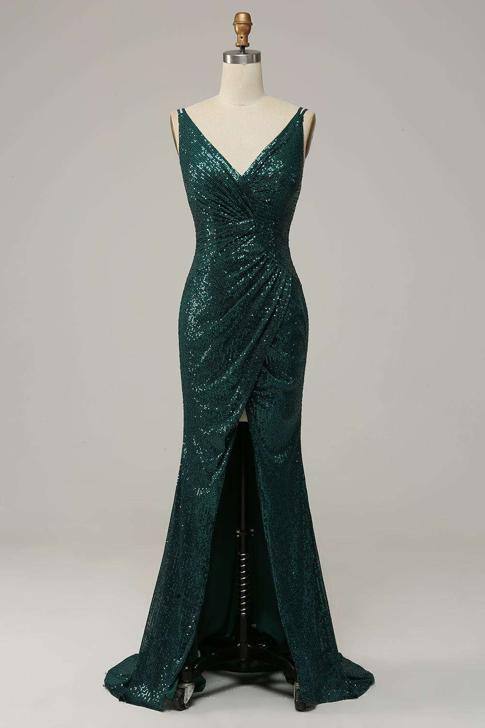 Robe de bal à fines bretelles vert foncé ornée de sequins avec fente