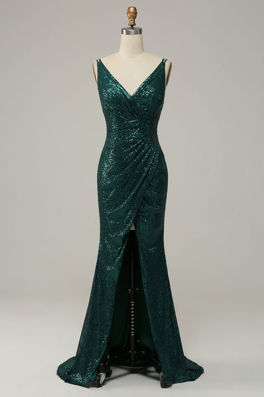 Robe de bal à fines bretelles vert foncé ornée de sequins avec fente