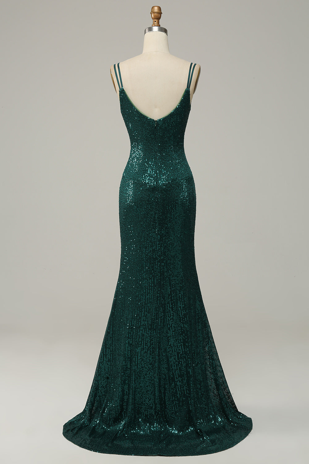 Robe de bal à fines bretelles vert foncé ornée de sequins avec fente