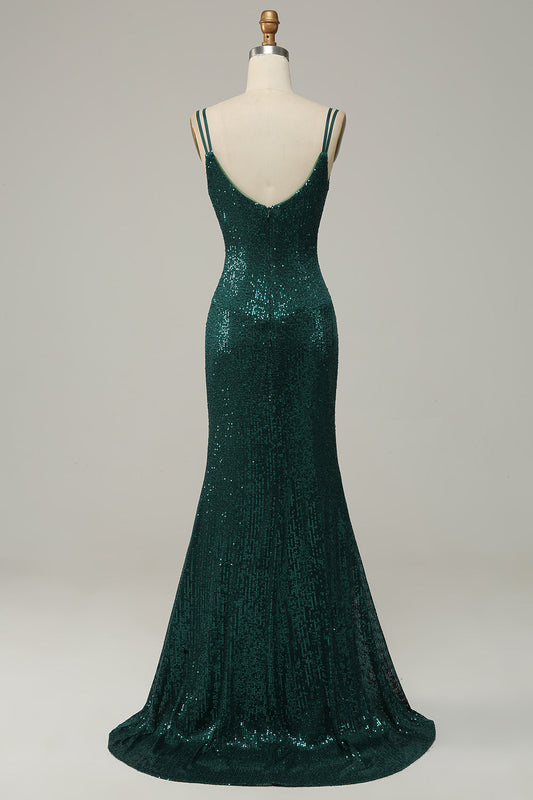 Robe de bal à fines bretelles vert foncé ornée de sequins avec fente
