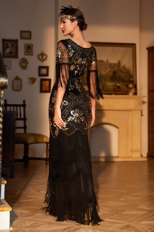 Robe de chœur longue noire fourreau à col en V, sequins et franges