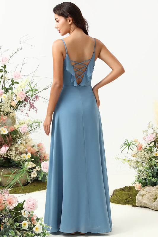 A-Line Spaghetti Strap Gray Blue Long Bridesmaid Dress with Criss Cross Back