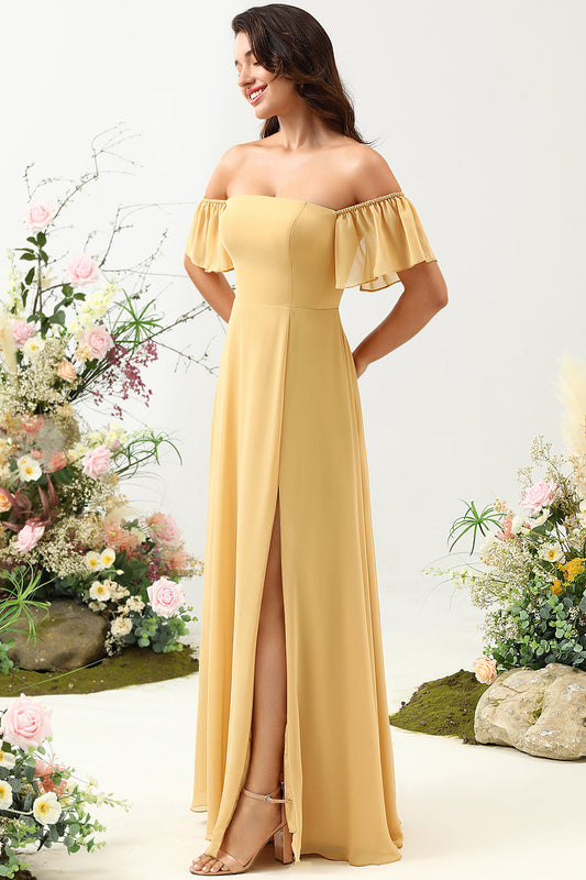 A-Line Off-the-Shoulder Yellow Long Bridesmaid Dress