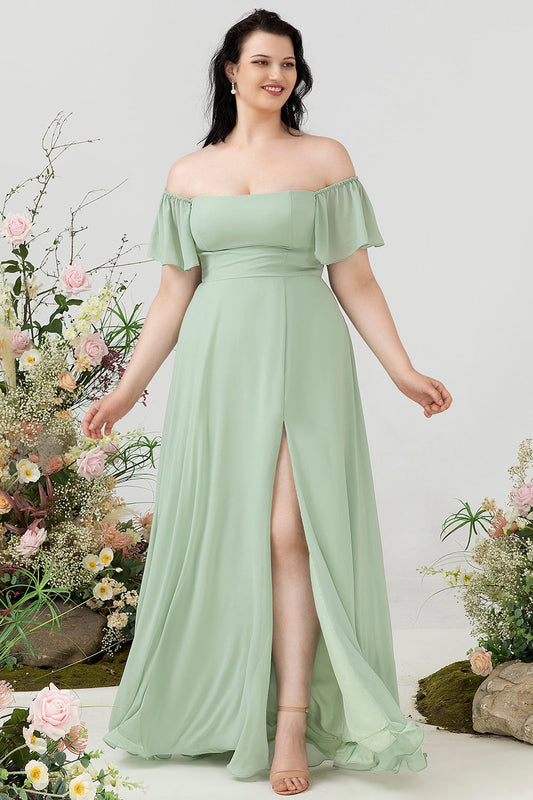 Off-the-Shoulder Plus-Size Bridesmaid Dress with Slit