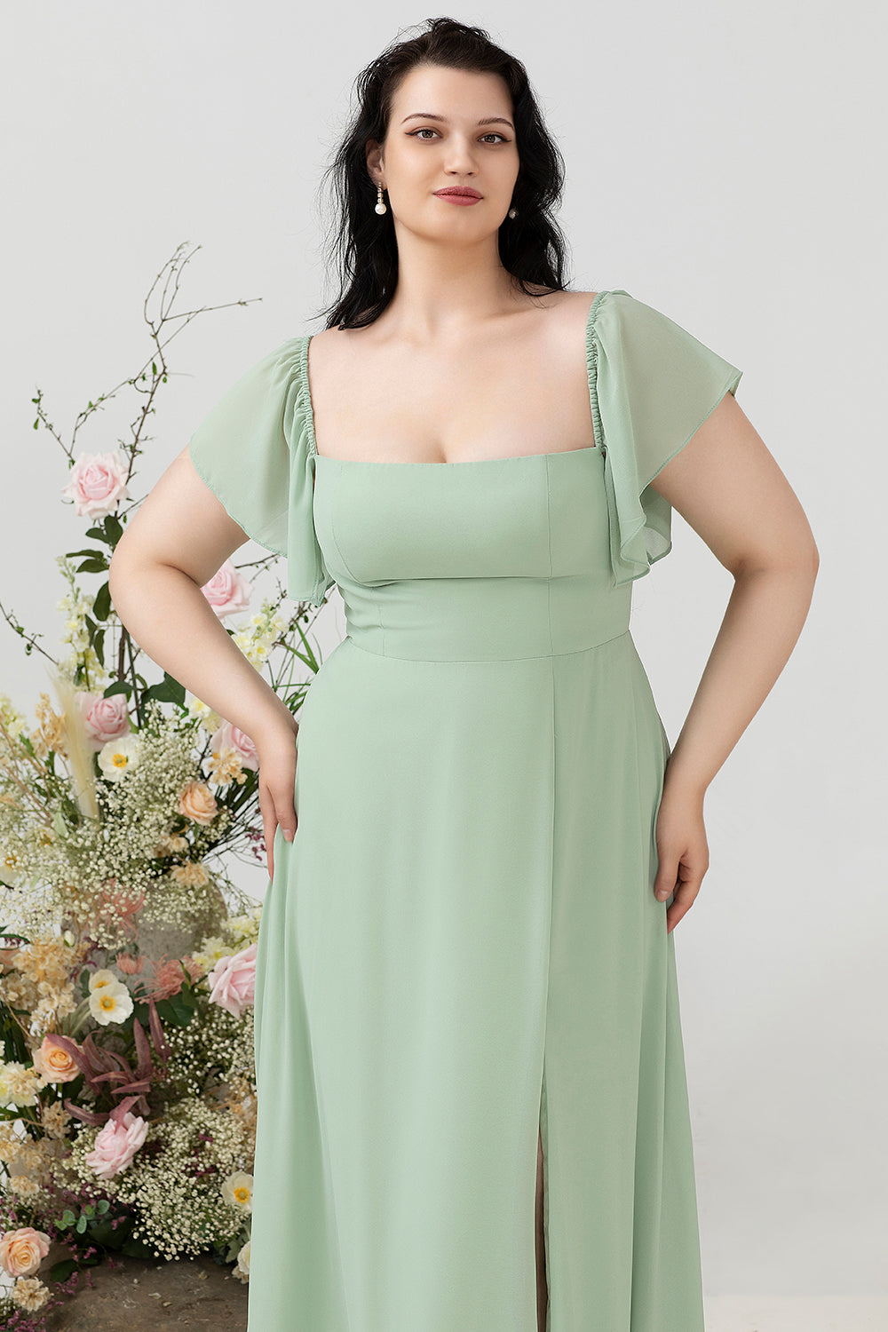 Robe de demoiselle d'honneur grande taille style Bardot avec fente