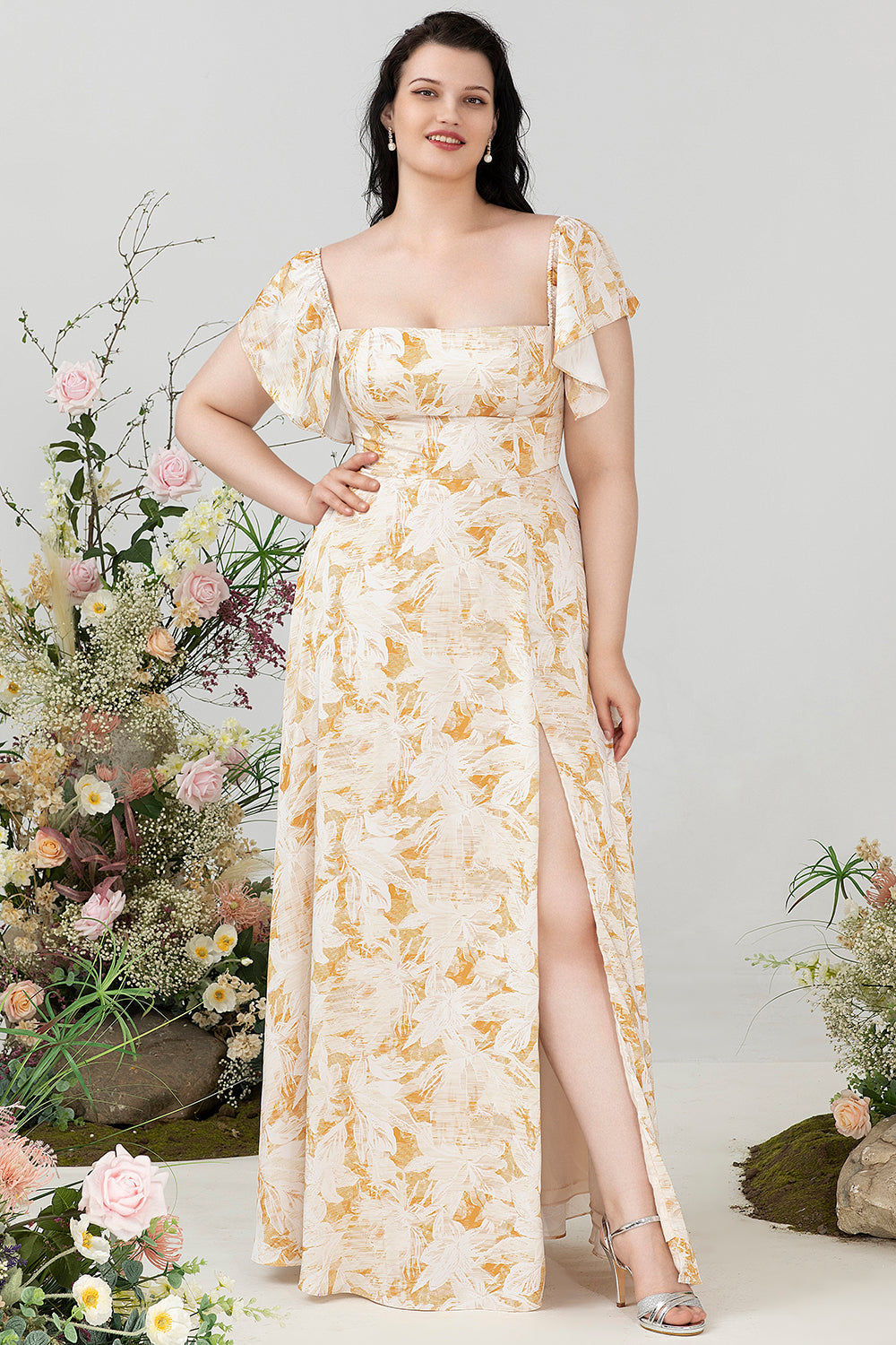 Robe de demoiselle d'honneur grande taille style Bardot avec fente
