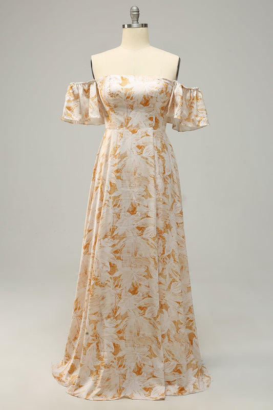A Line Off the Shoulder Yellow Floral Printed Plus Size Bridesmaid Dress