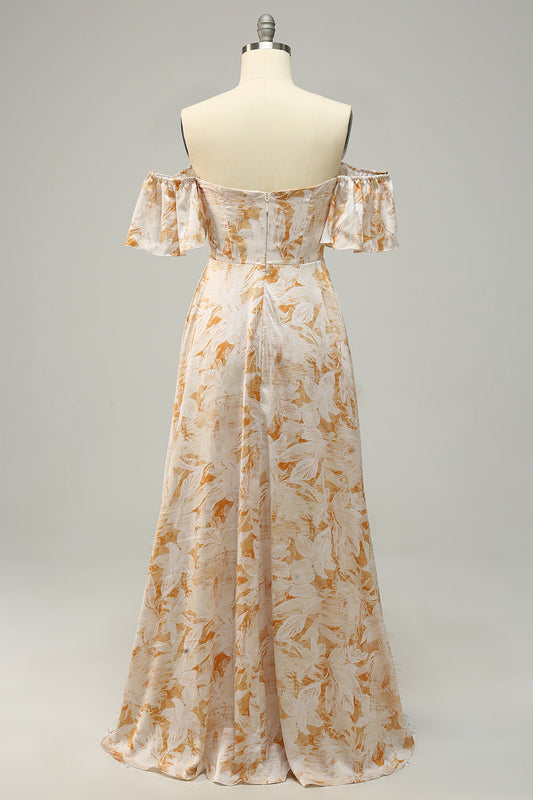A Line Off the Shoulder Yellow Floral Printed Plus Size Bridesmaid Dress