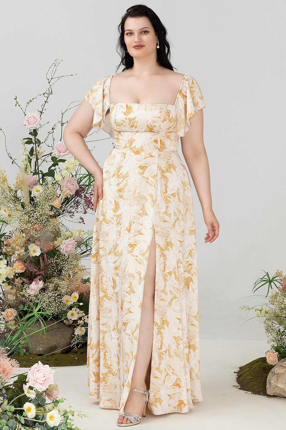 Robe de demoiselle d'honneur grande taille style Bardot avec fente