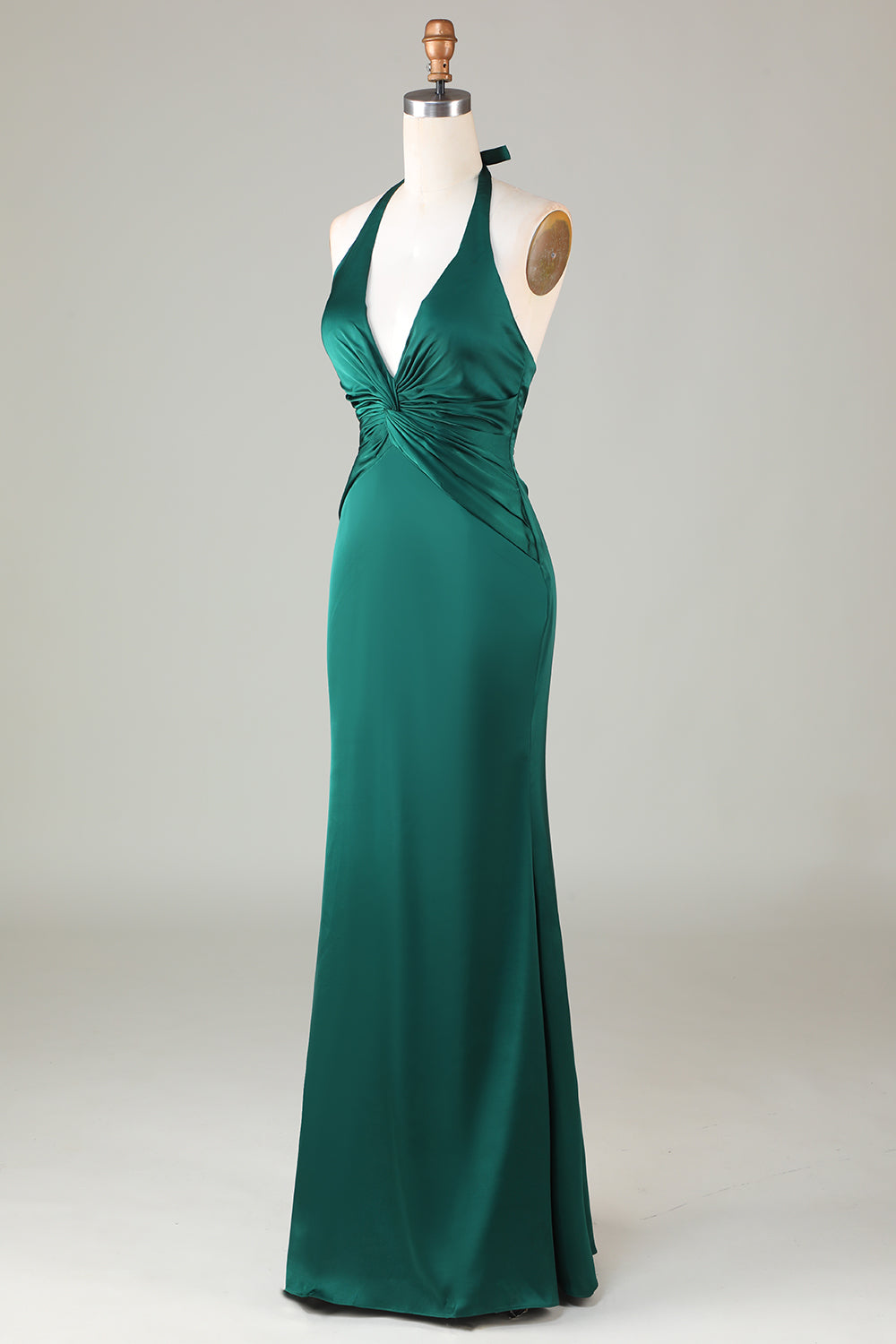 Dark Green Mermaid Halter Ruched Satin Long Bridesmaid Dress
