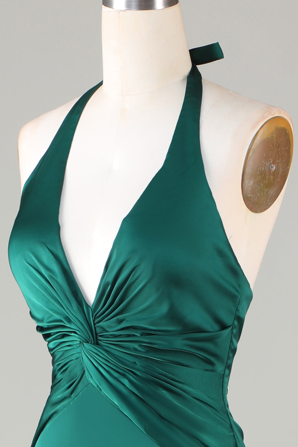 Dark Green Mermaid Halter Ruched Satin Long Bridesmaid Dress