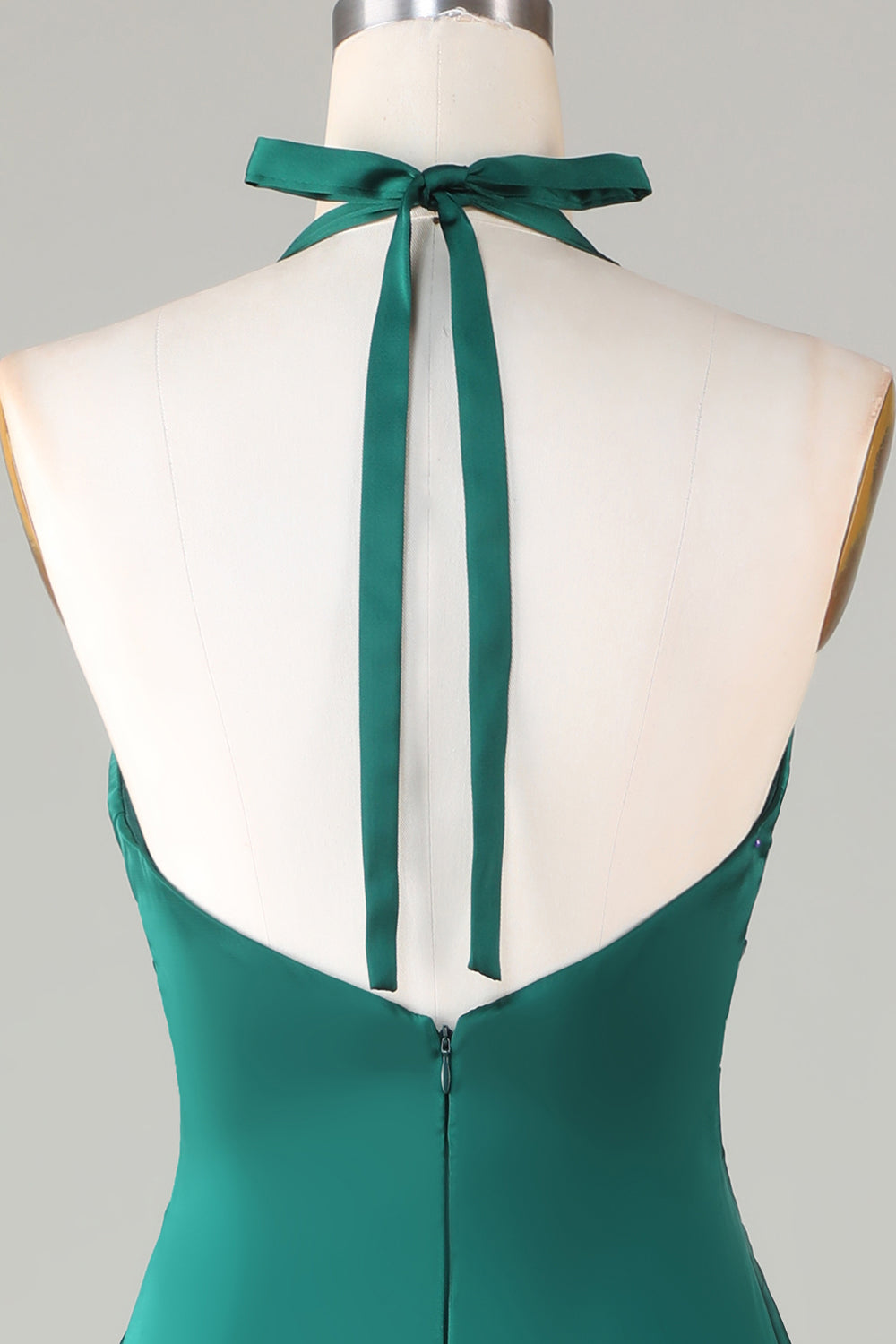 Dark Green Mermaid Halter Ruched Satin Long Bridesmaid Dress