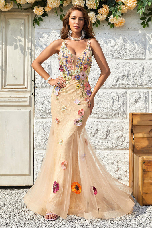 Robe de bal longue sirène champagne à col en V plongeant et dos nu croisé