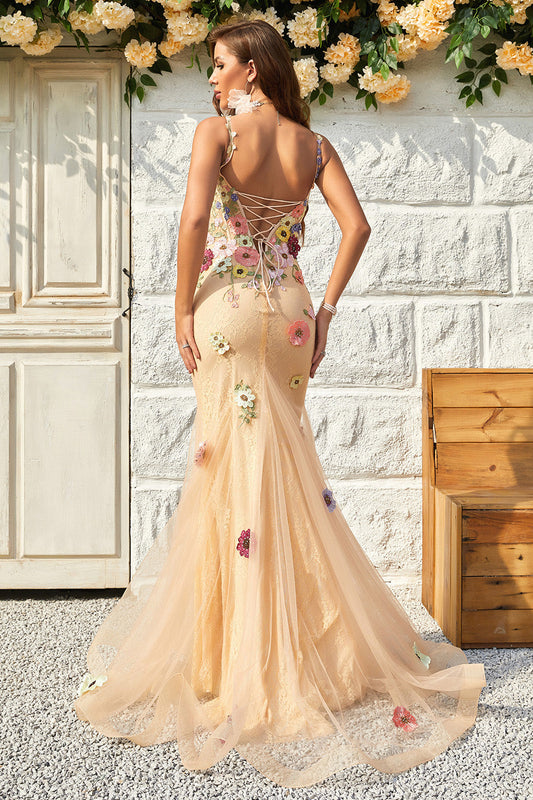 Robe de bal longue sirène champagne à col en V plongeant et dos nu croisé