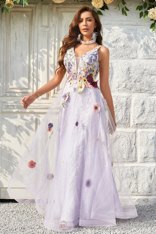 Robe longue de bal lavande coupe trapèze à décolleté en V profond et dos nu