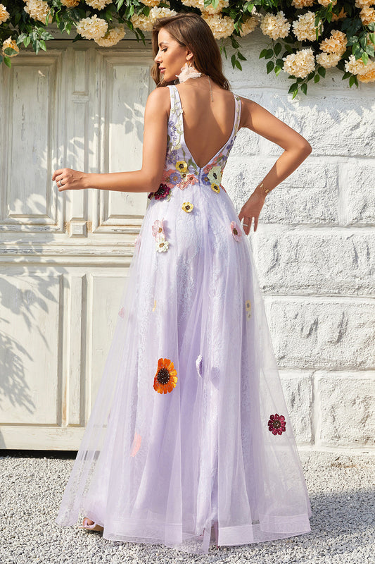 Robe longue de bal lavande coupe trapèze à décolleté en V profond et dos nu