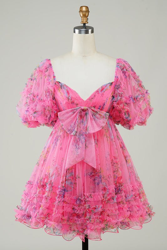 Robe de bal mignonne rose vif imprimée avec nœud