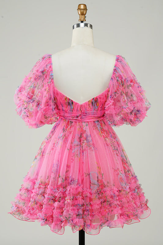Robe de bal mignonne rose vif imprimée avec nœud