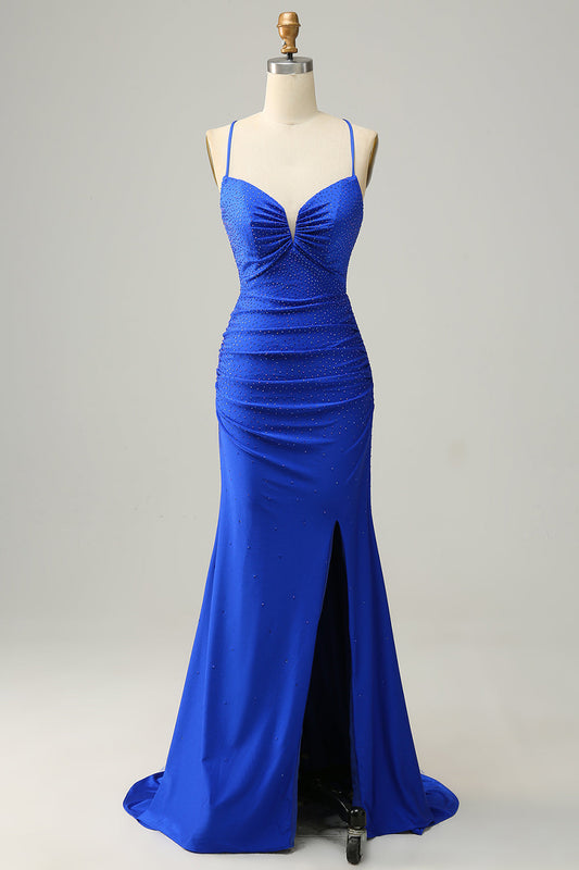Robe de bal longue sirène bleu roi à bretelles spaghetti et perles