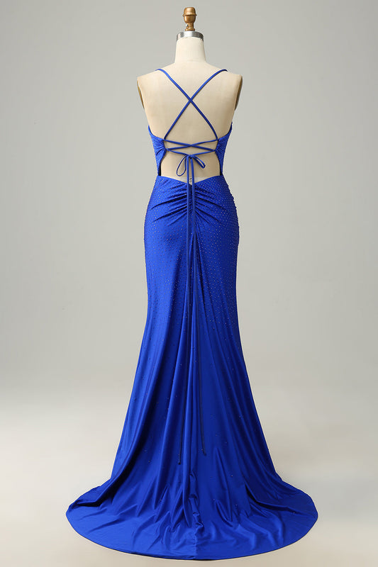 Robe de bal longue sirène bleu roi à bretelles spaghetti et perles