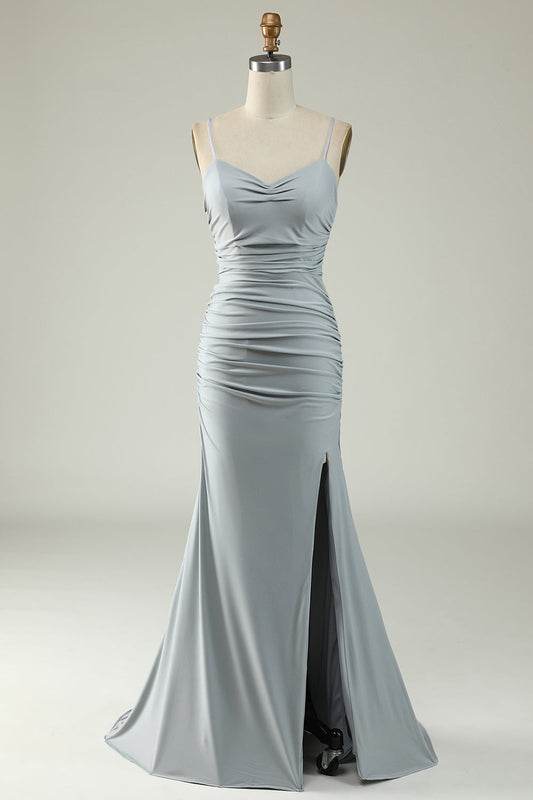 Robe de bal sirène grise à bretelles spaghetti grande taille avec dos croisé