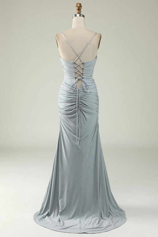 Robe de bal sirène grise à bretelles spaghetti grande taille avec dos croisé