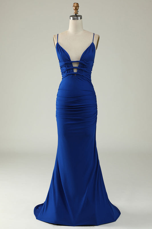Robe de bal sirène bretelles fines bleu roi grande taille avec dos croisé