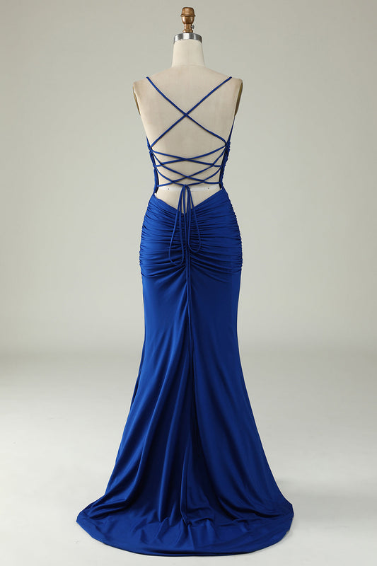 Robe de bal sirène bretelles fines bleu roi grande taille avec dos croisé