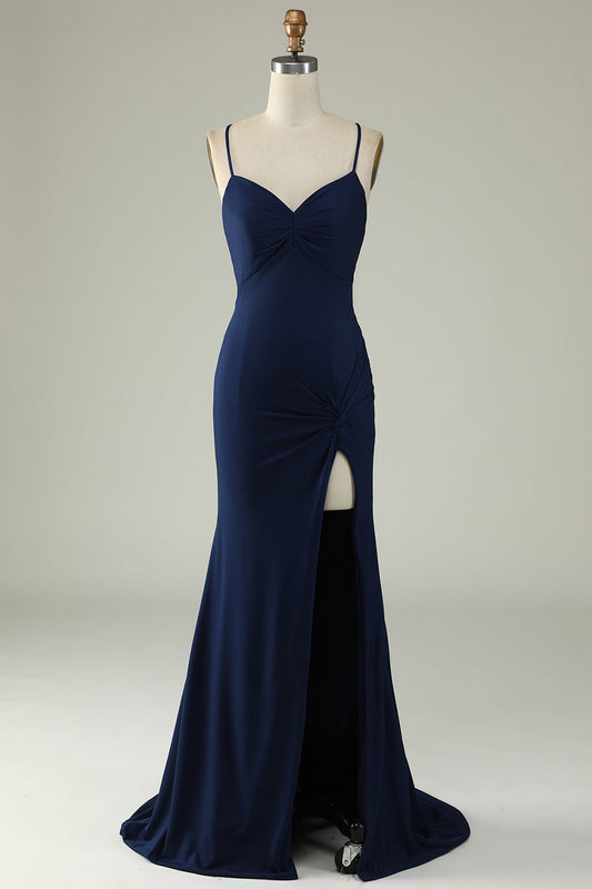 Robe de soirée sirène bleu marine taille plus à bretelles spaghetti et fente frontale