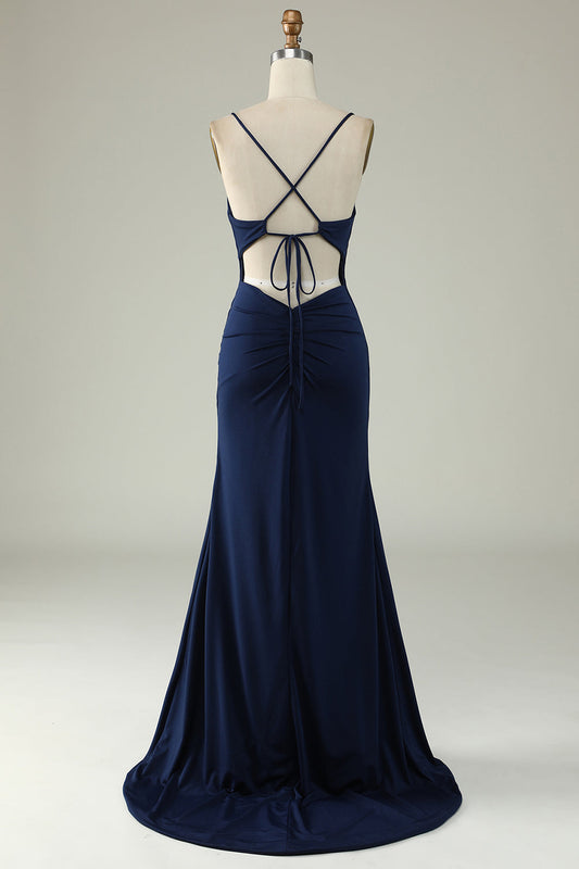 Robe de soirée sirène bleu marine taille plus à bretelles spaghetti et fente frontale