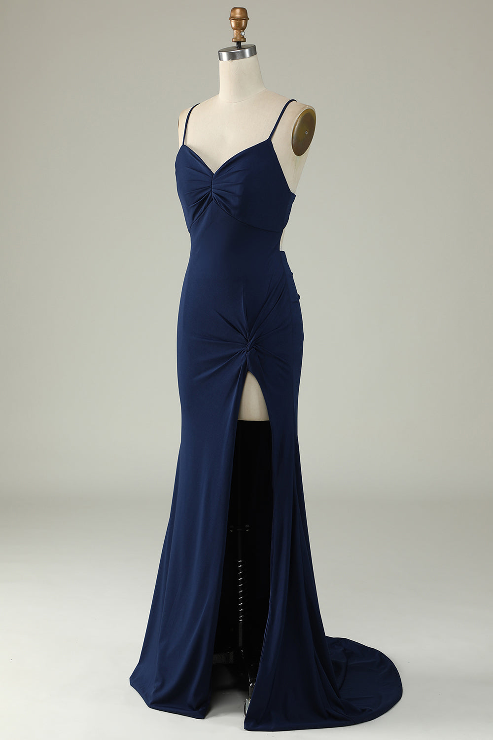 Robe de bal longue rouge sirène à bretelles spaghetti avec fente sur le devant