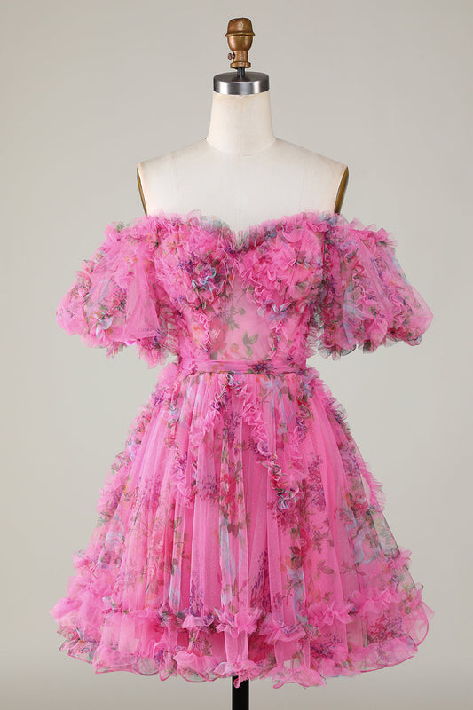 Magnifique robe de bal courte en tulle fuchsia, ligne A, épaules dénudées et manches courtes