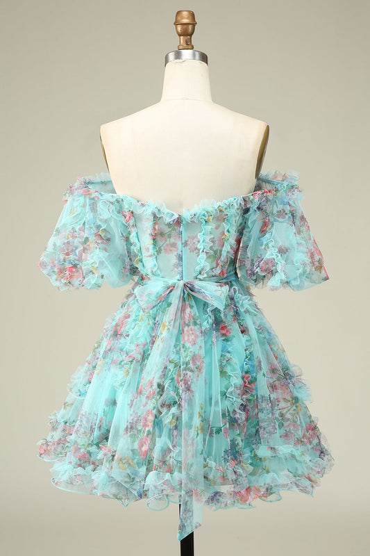 Magnifique robe de bal courte en tulle vert, coupe trapèze, épaules dénudées et manches courtes