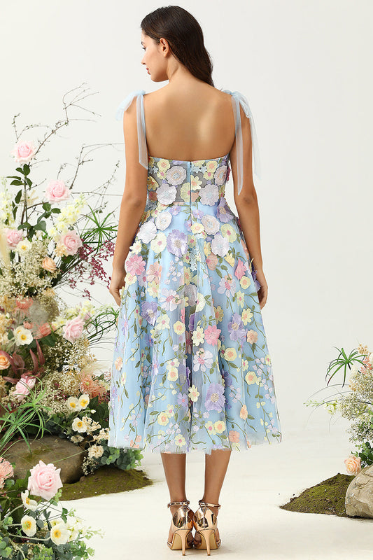 Robe de bal bleu thé mi-longue coupe trapèze à fines bretelles et fleurs 3D, mignon.
