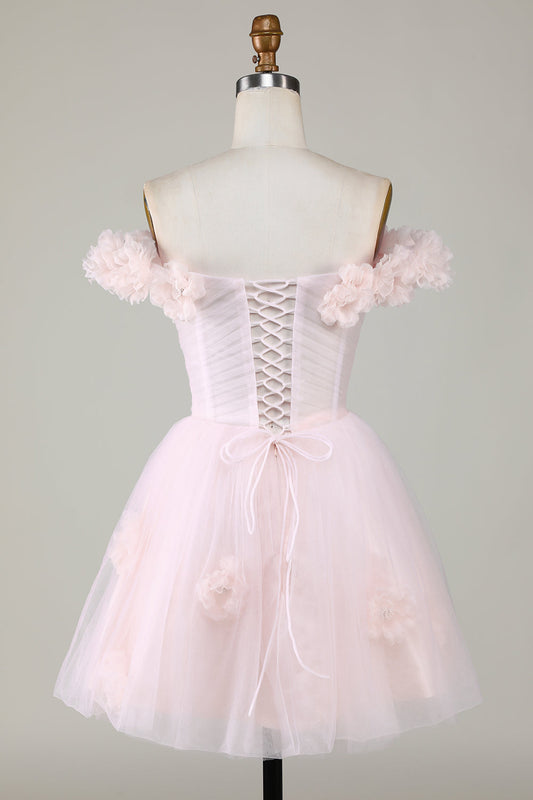 Jolie robe courte de bal de fin d'études rose à fleurs, coupe trapèze et épaules dénudées