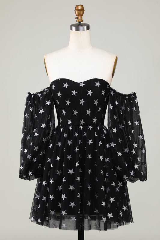 Robe de bal courte noire étoilée à épaules dénudées