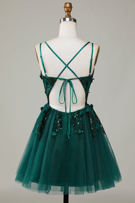 Robe courte de bal de promo trapèze vert foncé à fines bretelles élégante avec appliques et perles