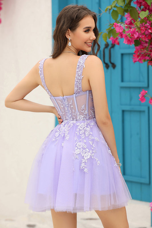 Lilac Corset Straps A-Line Short Graduation Dress