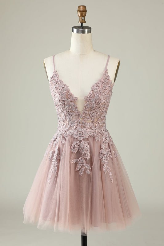 A-Line Spaghetti Strap Blush Short Graduation Dress with Appliques