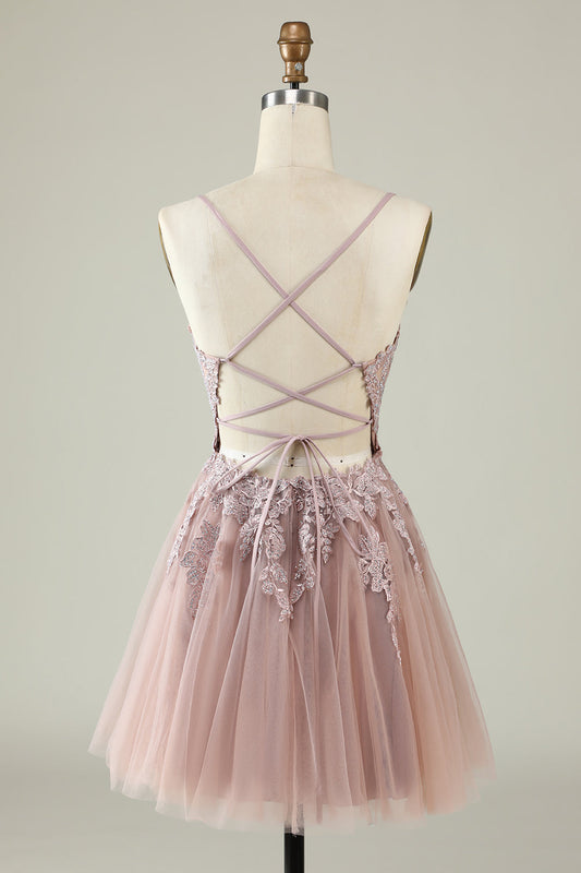 A-Line Spaghetti Strap Blush Short Graduation Dress with Appliques