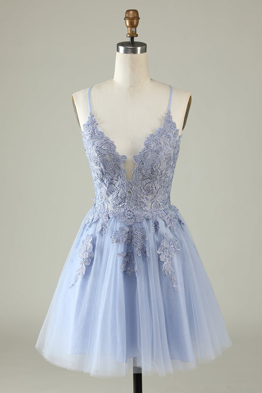 A-Line Spaghetti Straps Light Purple Short Graduation Dress with Appliques