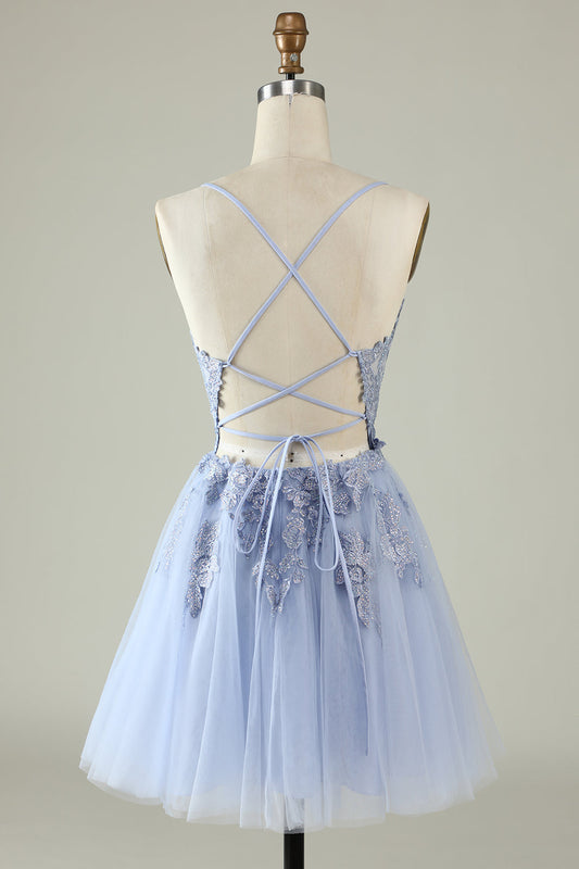 A-Line Spaghetti Straps Light Purple Short Graduation Dress with Appliques