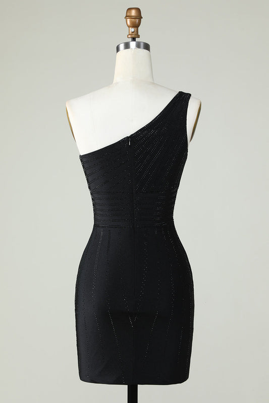 Robe de bal courte noire asymétrique ornée de perles