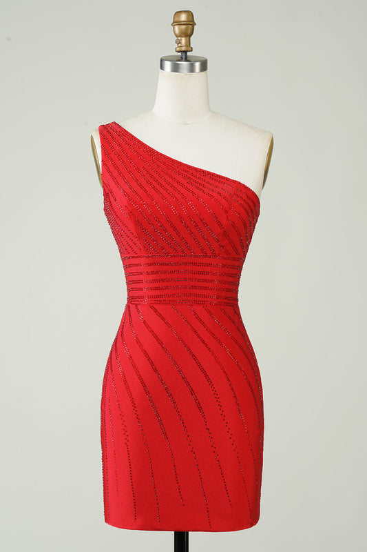 Robe de bal courte rouge à paillettes, asymétrique et perlée