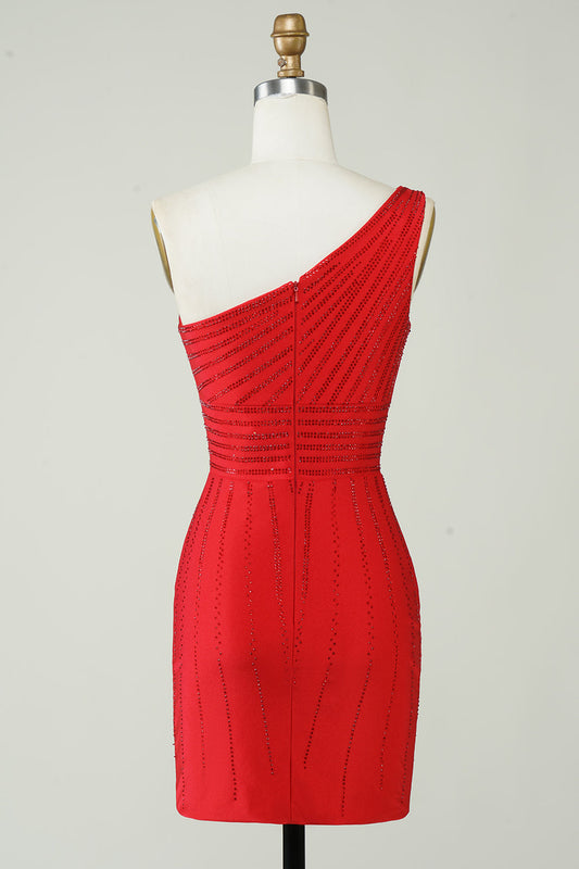 Robe de bal courte rouge à paillettes, asymétrique et perlée