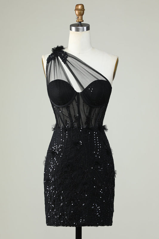 Robe de Soirée Fourreau Noire asymétrique avec Corset et Appliques