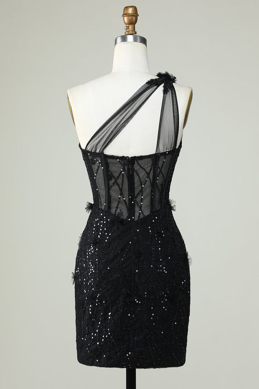 Robe de Soirée Fourreau Noire asymétrique avec Corset et Appliques