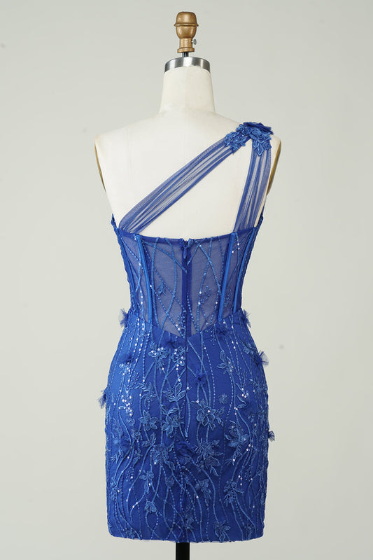 Robe de bal courte bleu roi fourreau asymétrique à une épaule avec appliqués